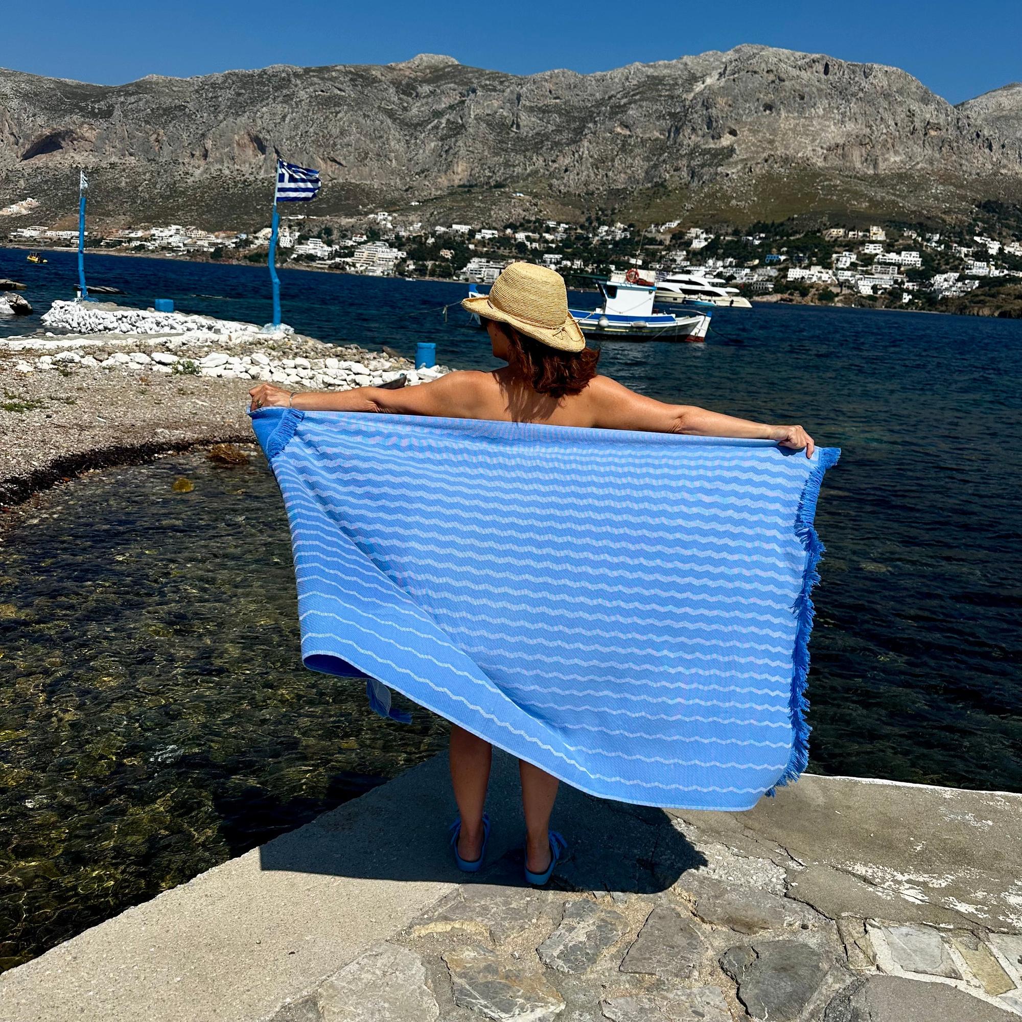 Waves Towelling Beach Sheet (100% Cotton, Light-Weight Hammam Towel)-SeaKisses