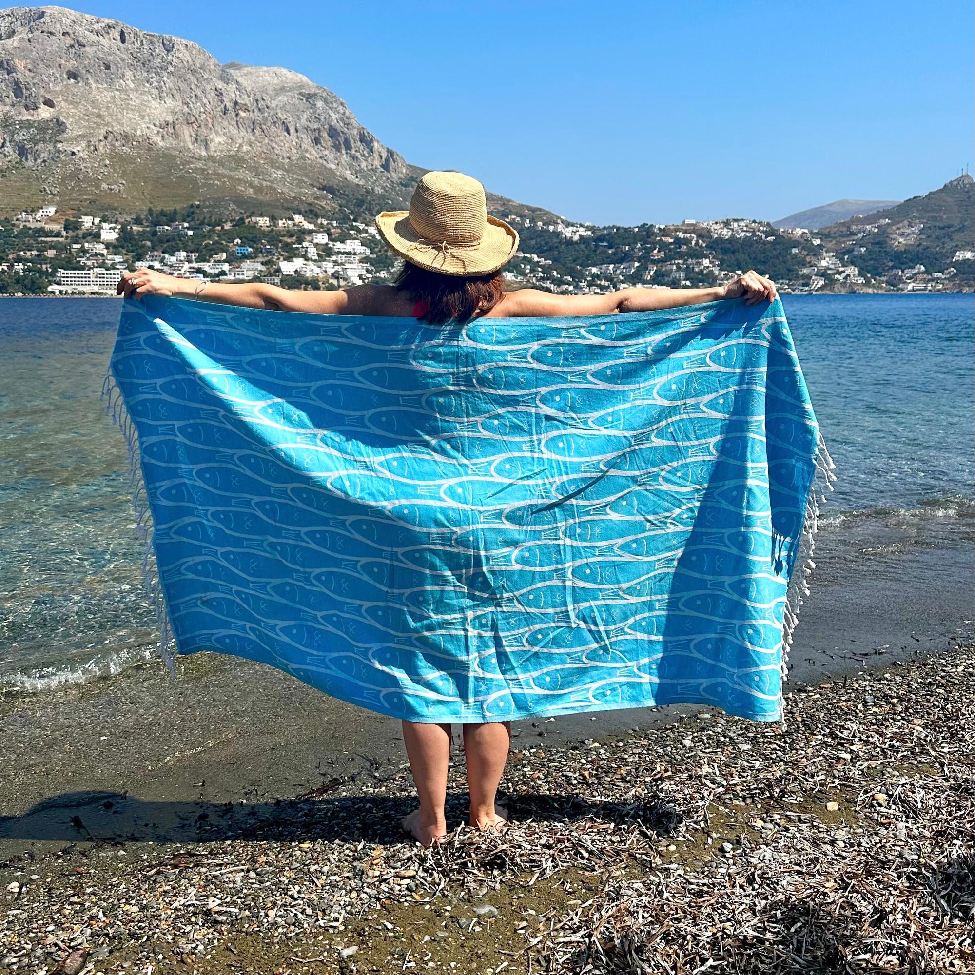 Fish Festival Beach Sheet (100% Cotton, Light-Weight Hammam Towel)-SeaKisses